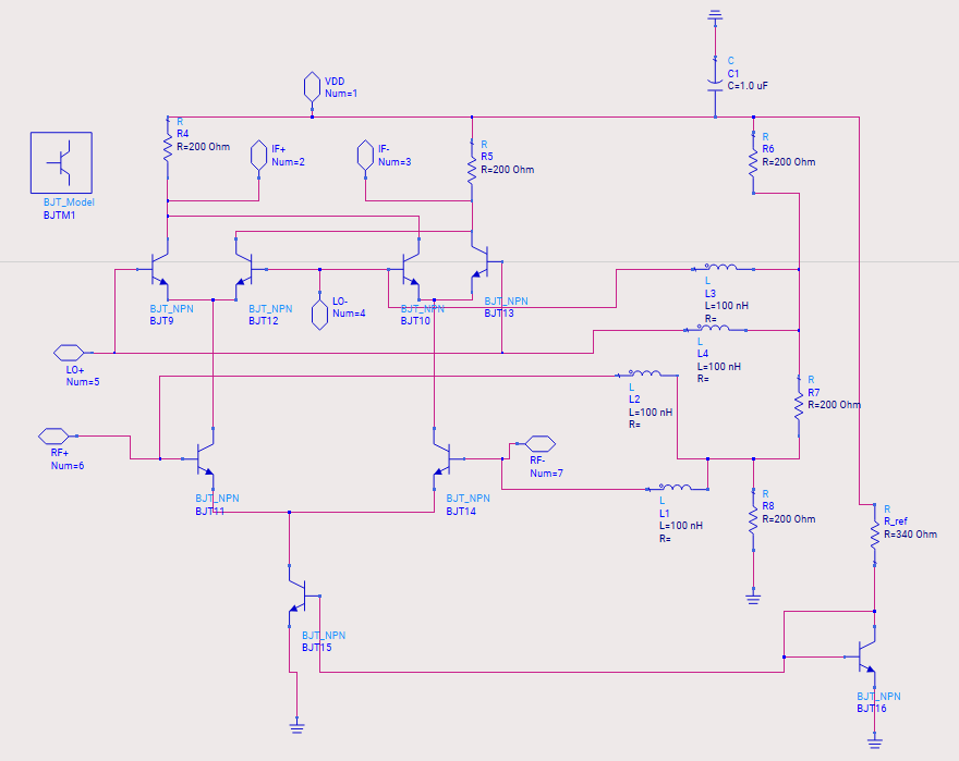 Keysight ADS schematic of the BJT Gilbert-cell mixer and bias network