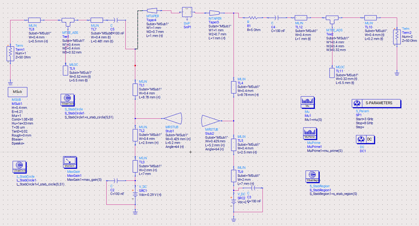 Keysight ADS schematic of the 5 GHz low-noise amplifier